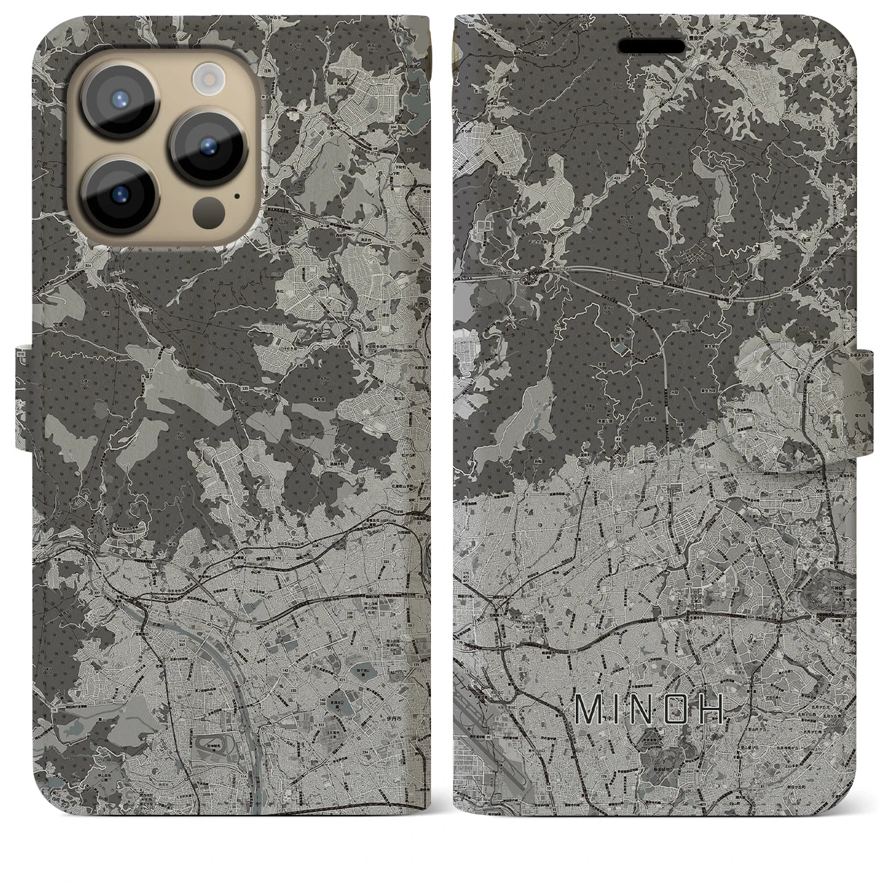 【箕面(大阪府)】地図柄iPhoneケース(手帳タイプ)モノトーン・iPhone 14 Pro Max 用