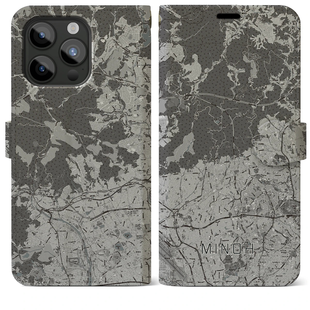 【箕面(大阪府)】地図柄iPhoneケース(手帳タイプ)モノトーン・iPhone 15 Pro Max 用