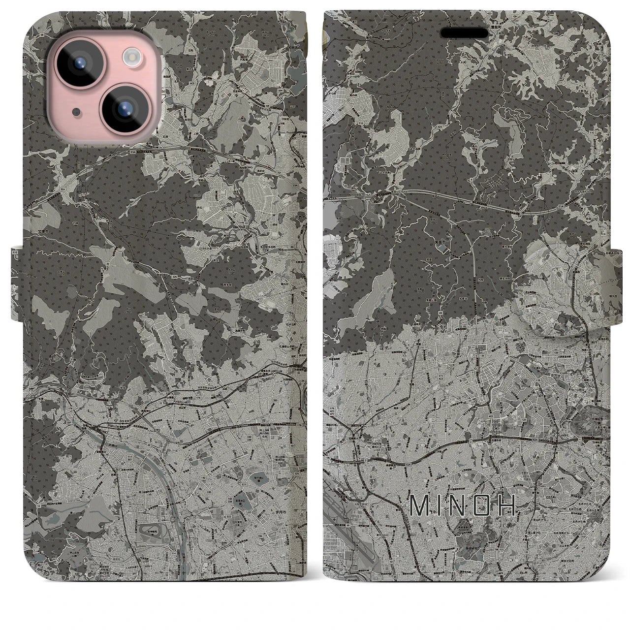 【箕面(大阪府)】地図柄iPhoneケース(手帳タイプ)モノトーン・iPhone 15 Plus 用