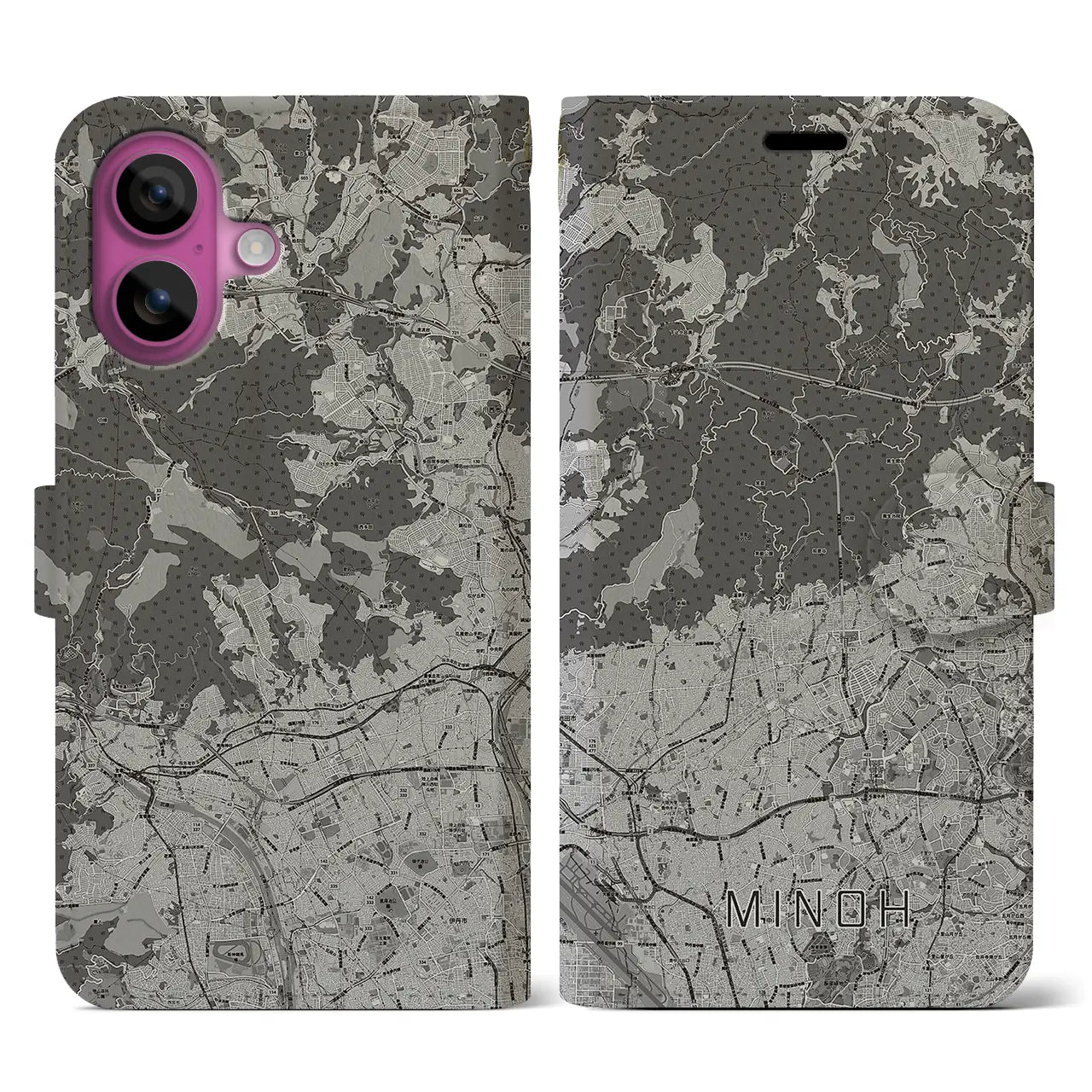 【箕面(大阪府)】地図柄iPhoneケース(手帳タイプ)モノトーン・iPhone 16 Pro 用