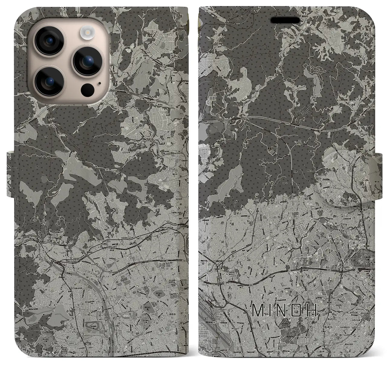 【箕面(大阪府)】地図柄iPhoneケース(手帳タイプ)モノトーン・iPhone 16 Plus 用