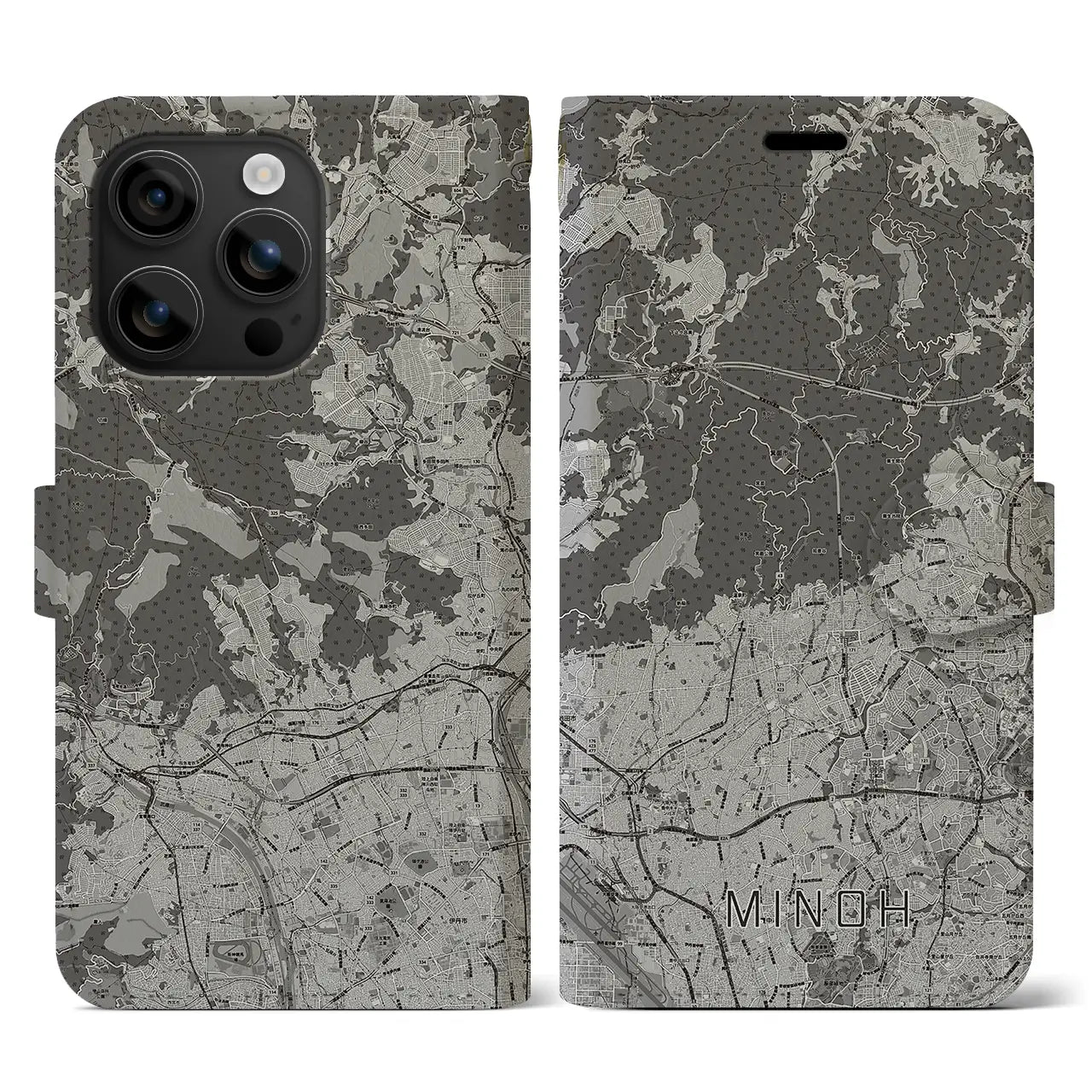 【箕面(大阪府)】地図柄iPhoneケース(手帳タイプ)モノトーン・iPhone 16 用