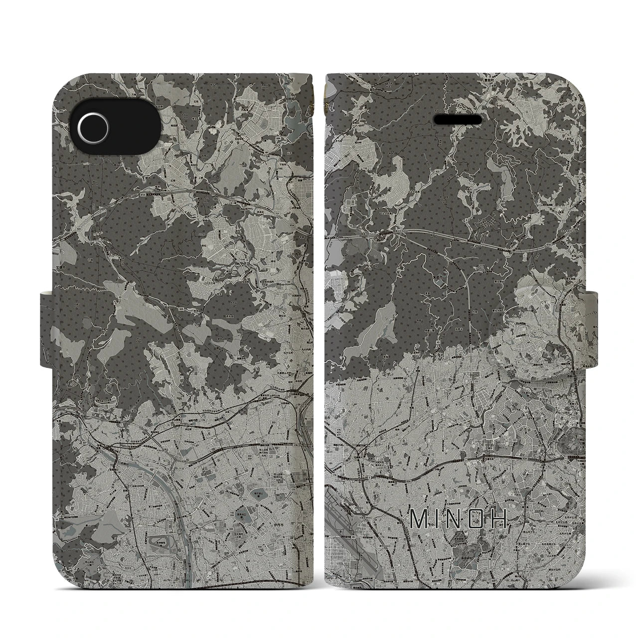 【箕面(大阪府)】地図柄iPhoneケース(手帳タイプ)モノトーン・iPhone SE(第3 / 第2世代) / 8 / 7 / 6s / 6 用