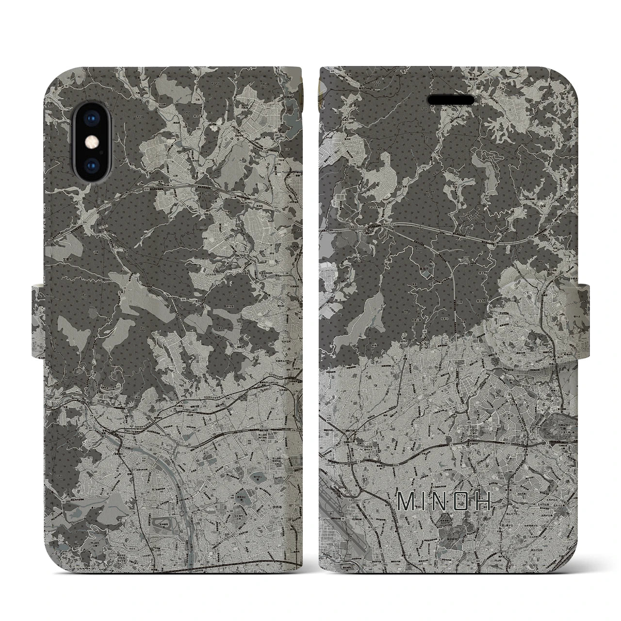 【箕面(大阪府)】地図柄iPhoneケース(手帳タイプ)モノトーン・iPhone XS / X 用