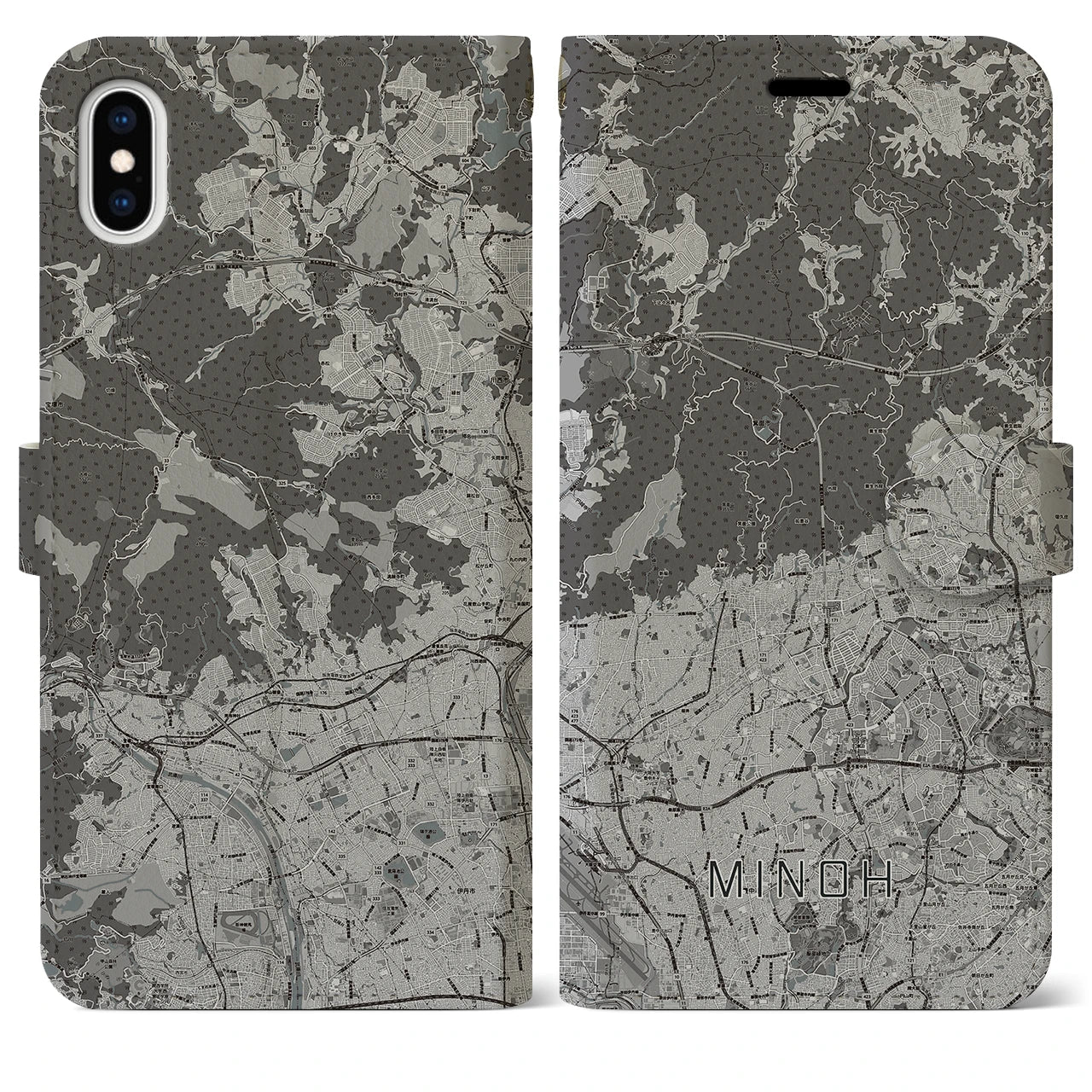 【箕面(大阪府)】地図柄iPhoneケース(手帳タイプ)モノトーン・iPhone XS Max 用