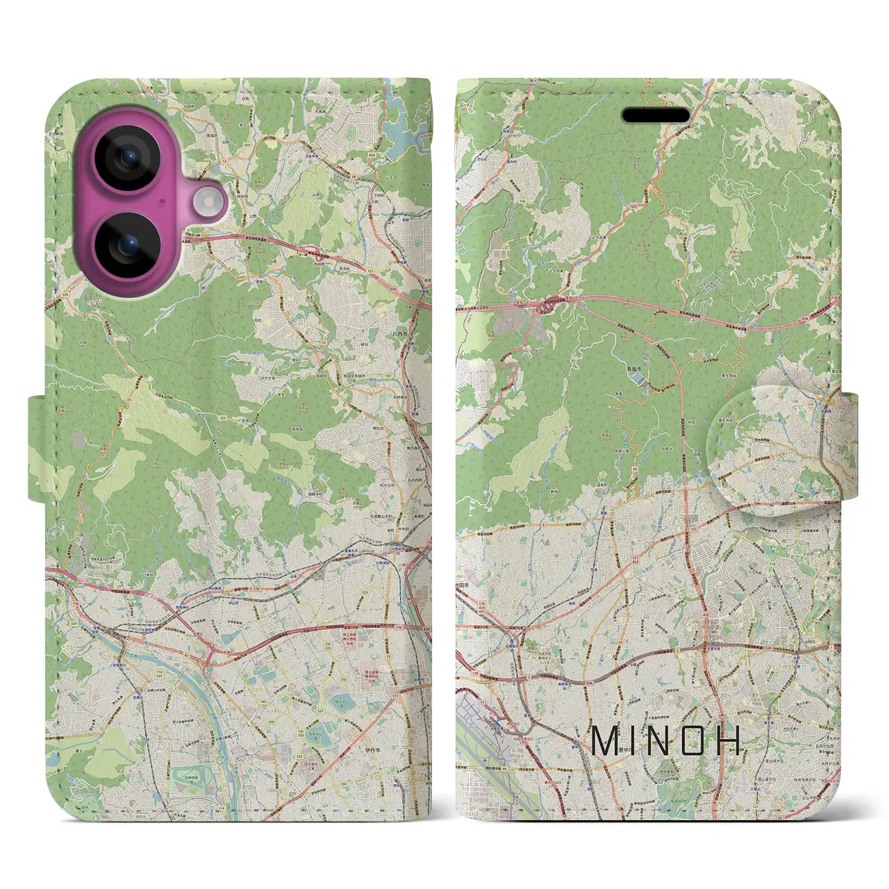 【箕面(大阪府)】地図柄iPhoneケース(手帳タイプ)ナチュラル・iPhone 16 Pro 用