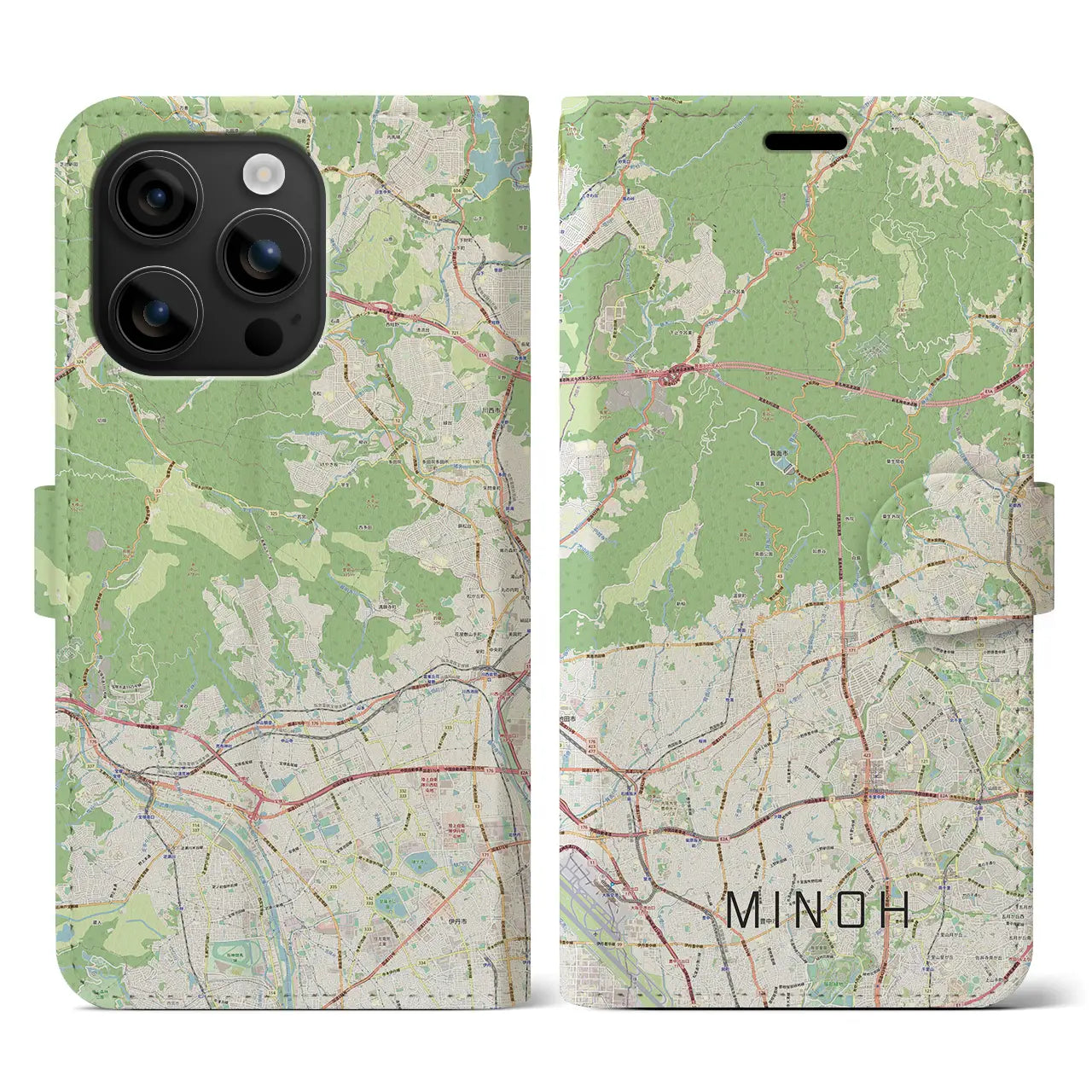 【箕面(大阪府)】地図柄iPhoneケース(手帳タイプ)ナチュラル・iPhone 16 用