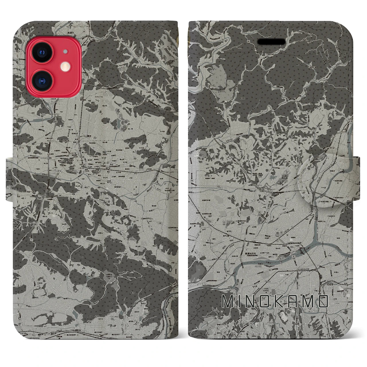 【美濃加茂(岐阜県)】地図柄iPhoneケース(手帳タイプ)モノトーン・iPhone 11 用
