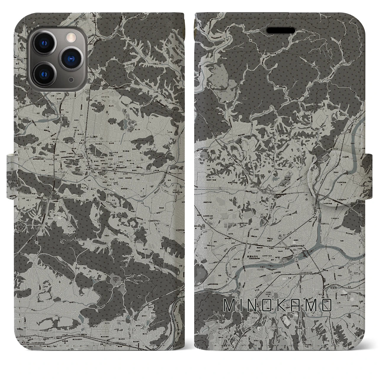 【美濃加茂(岐阜県)】地図柄iPhoneケース(手帳タイプ)モノトーン・iPhone 11 Pro Max 用