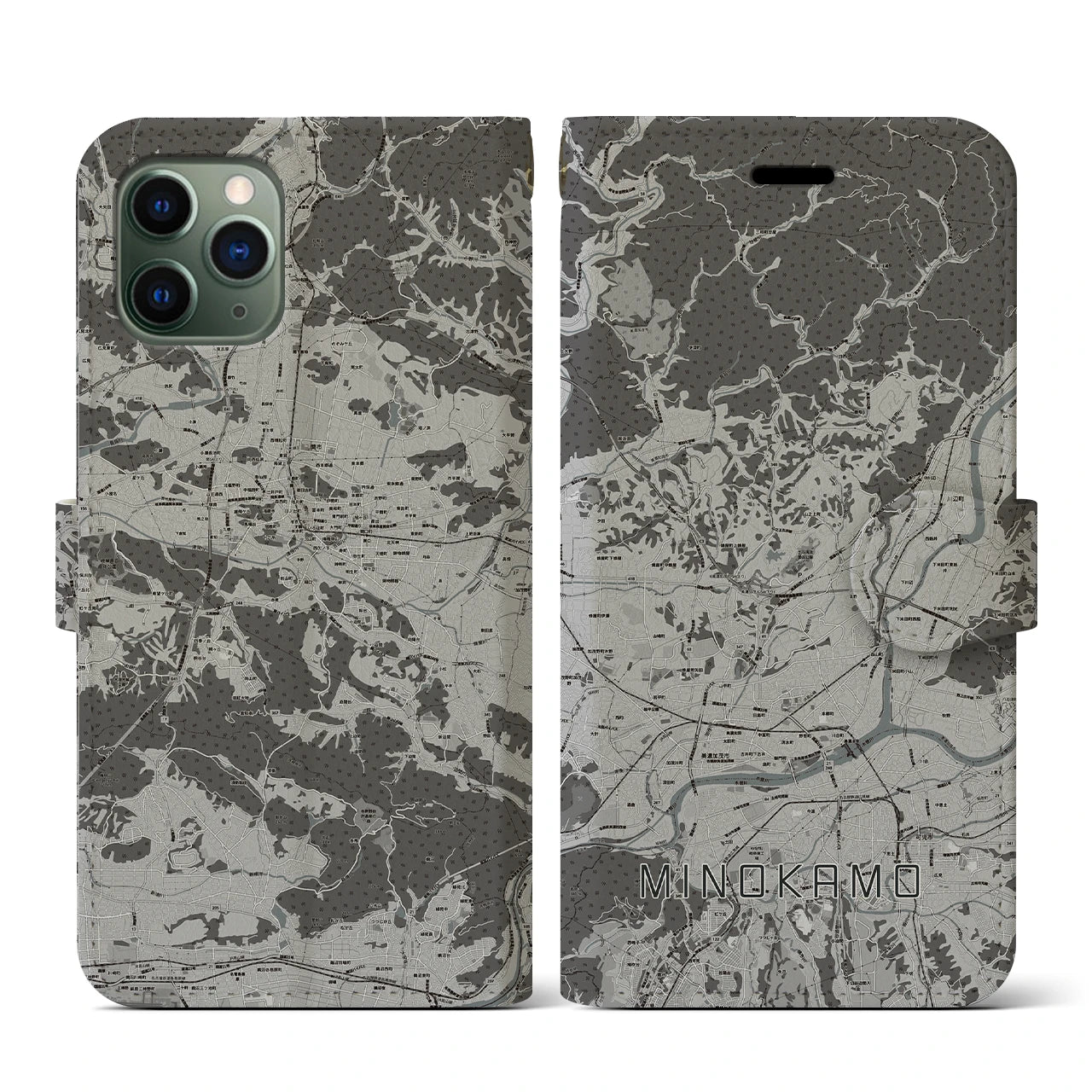 【美濃加茂(岐阜県)】地図柄iPhoneケース(手帳タイプ)モノトーン・iPhone 11 Pro 用