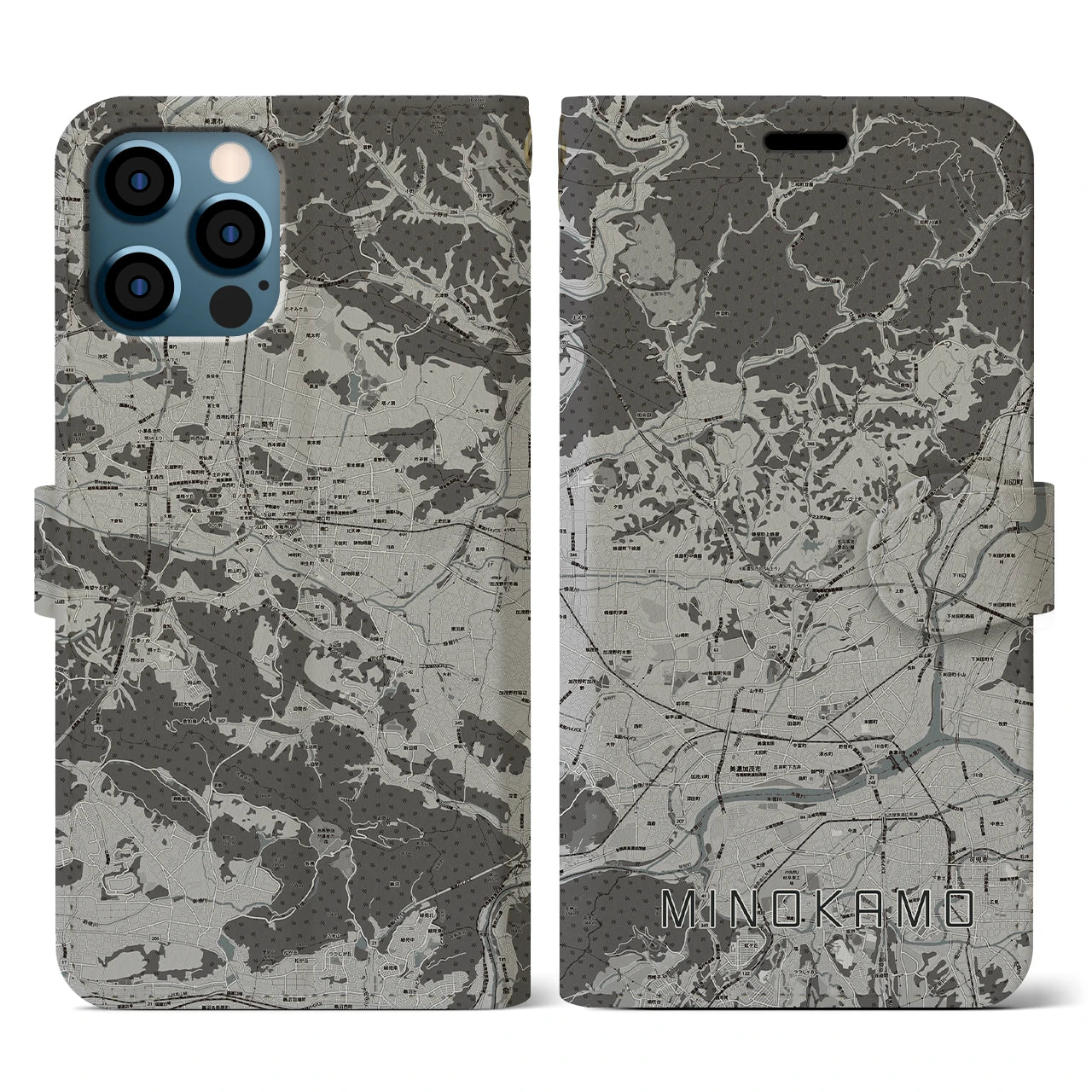 【美濃加茂(岐阜県)】地図柄iPhoneケース(手帳タイプ)モノトーン・iPhone 12 / 12 Pro 用