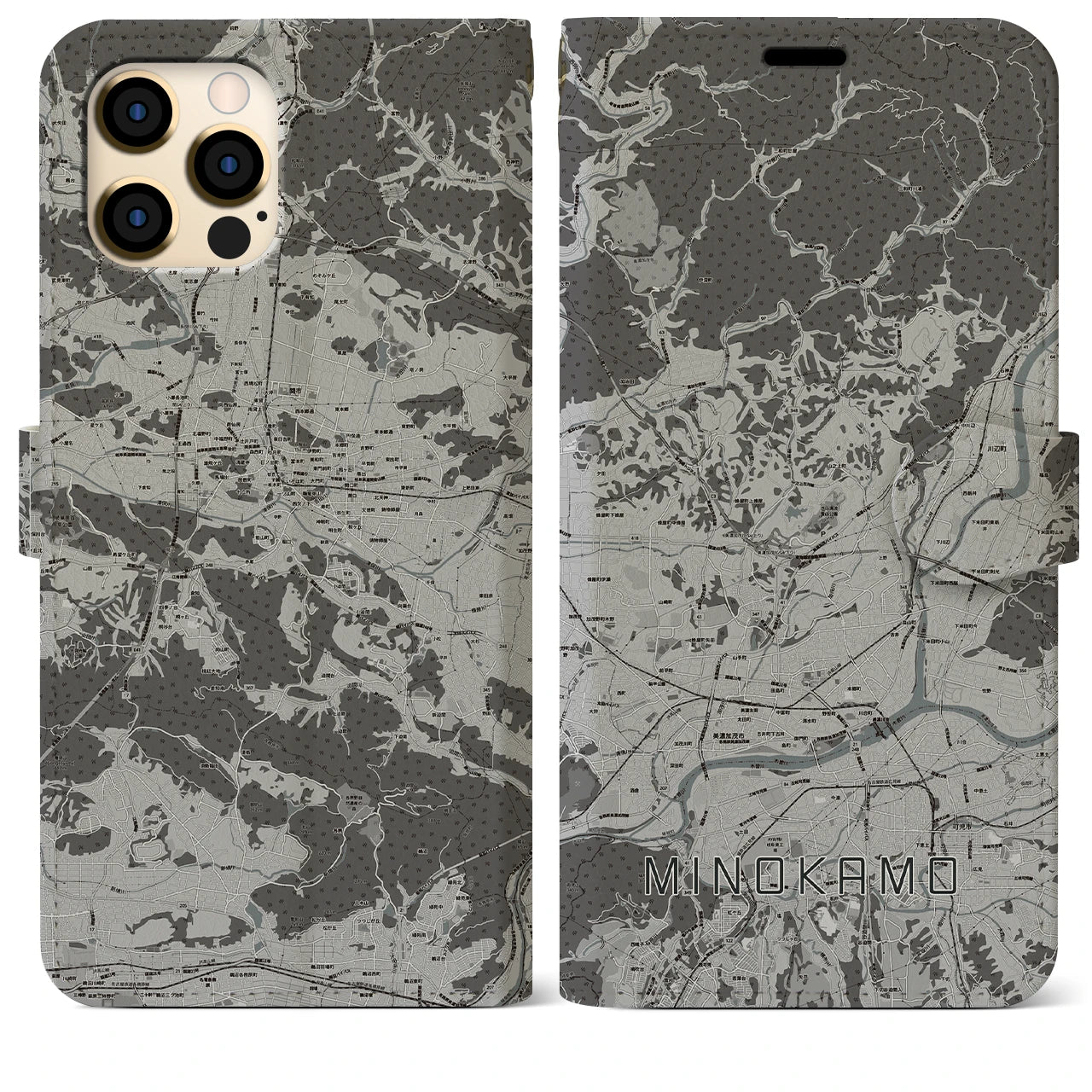 【美濃加茂(岐阜県)】地図柄iPhoneケース(手帳タイプ)モノトーン・iPhone 12 Pro Max 用