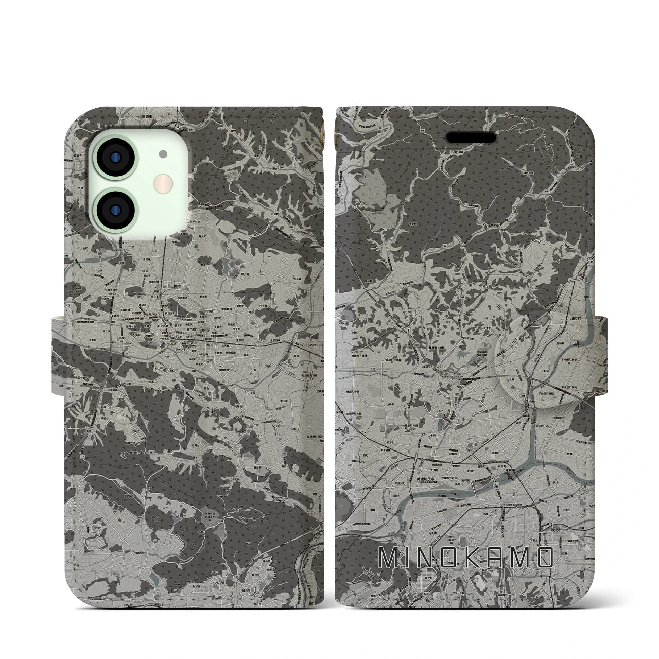 【美濃加茂(岐阜県)】地図柄iPhoneケース(手帳タイプ)モノトーン・iPhone 12 mini 用