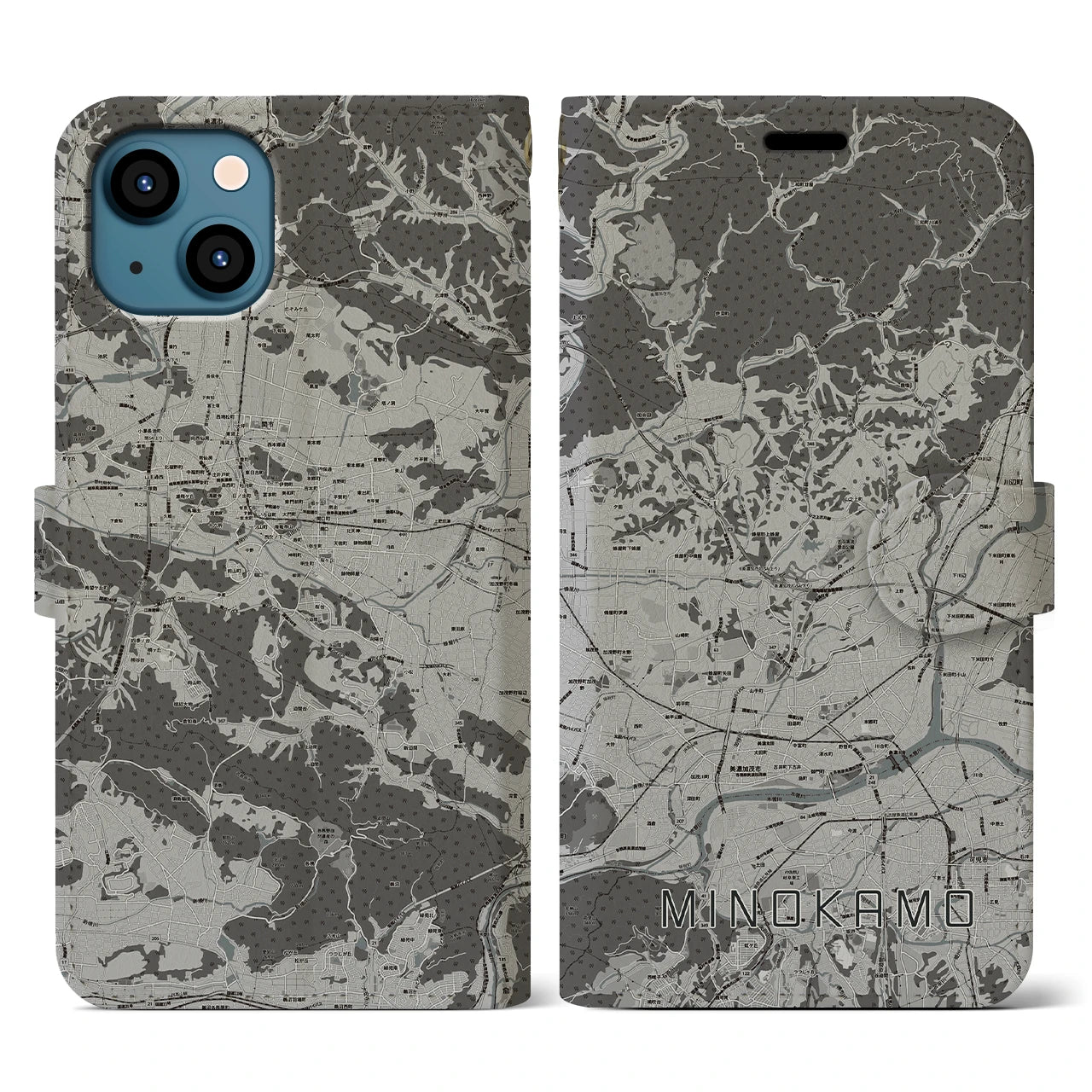 【美濃加茂(岐阜県)】地図柄iPhoneケース(手帳タイプ)モノトーン・iPhone 13 用