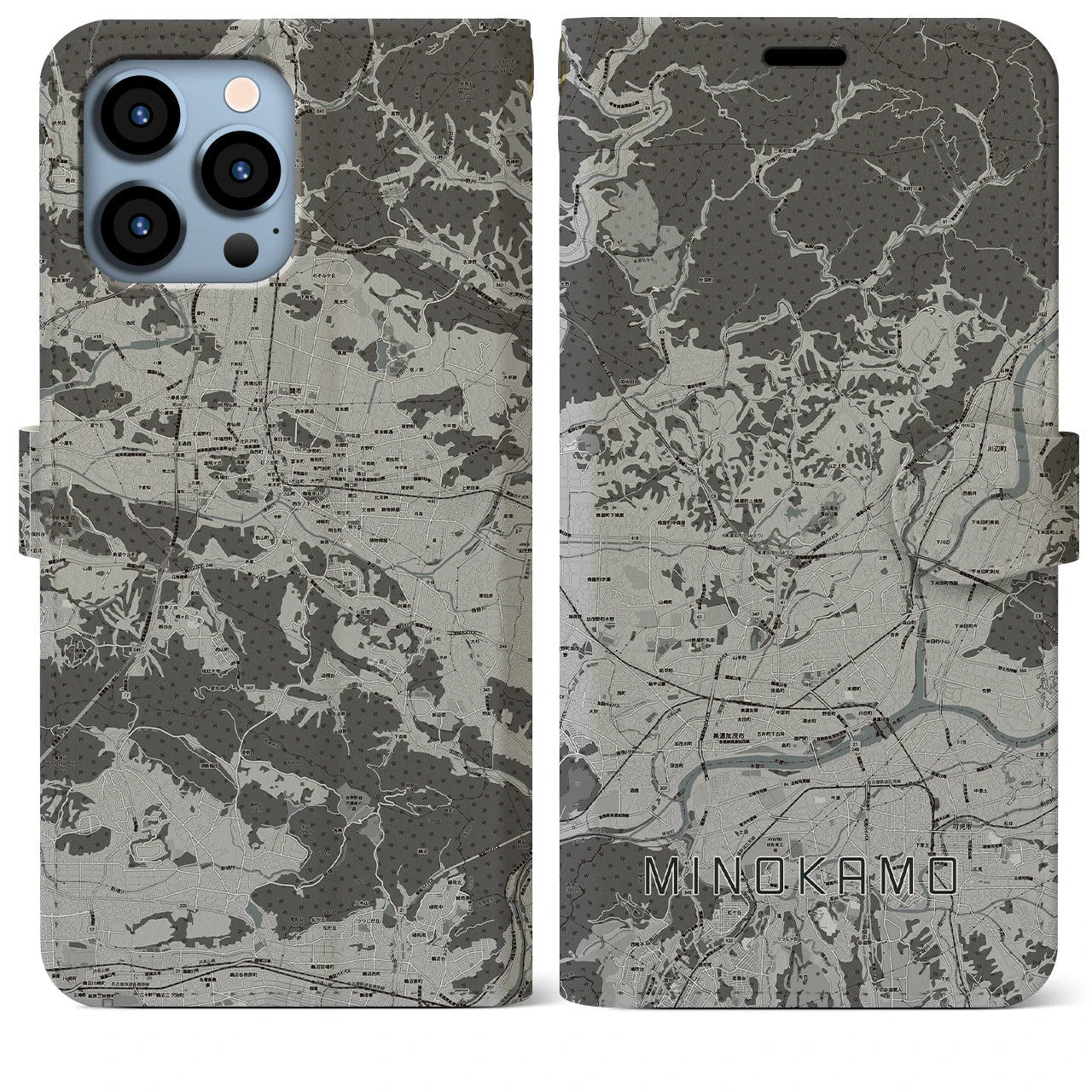 【美濃加茂(岐阜県)】地図柄iPhoneケース(手帳タイプ)モノトーン・iPhone 13 Pro Max 用