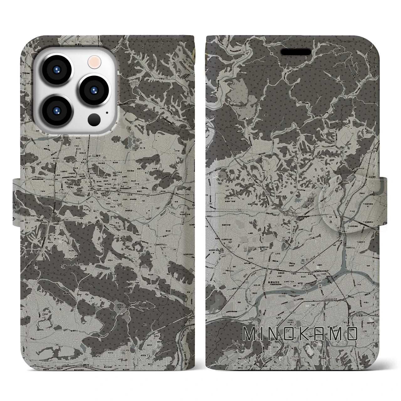 【美濃加茂(岐阜県)】地図柄iPhoneケース(手帳タイプ)モノトーン・iPhone 13 Pro 用