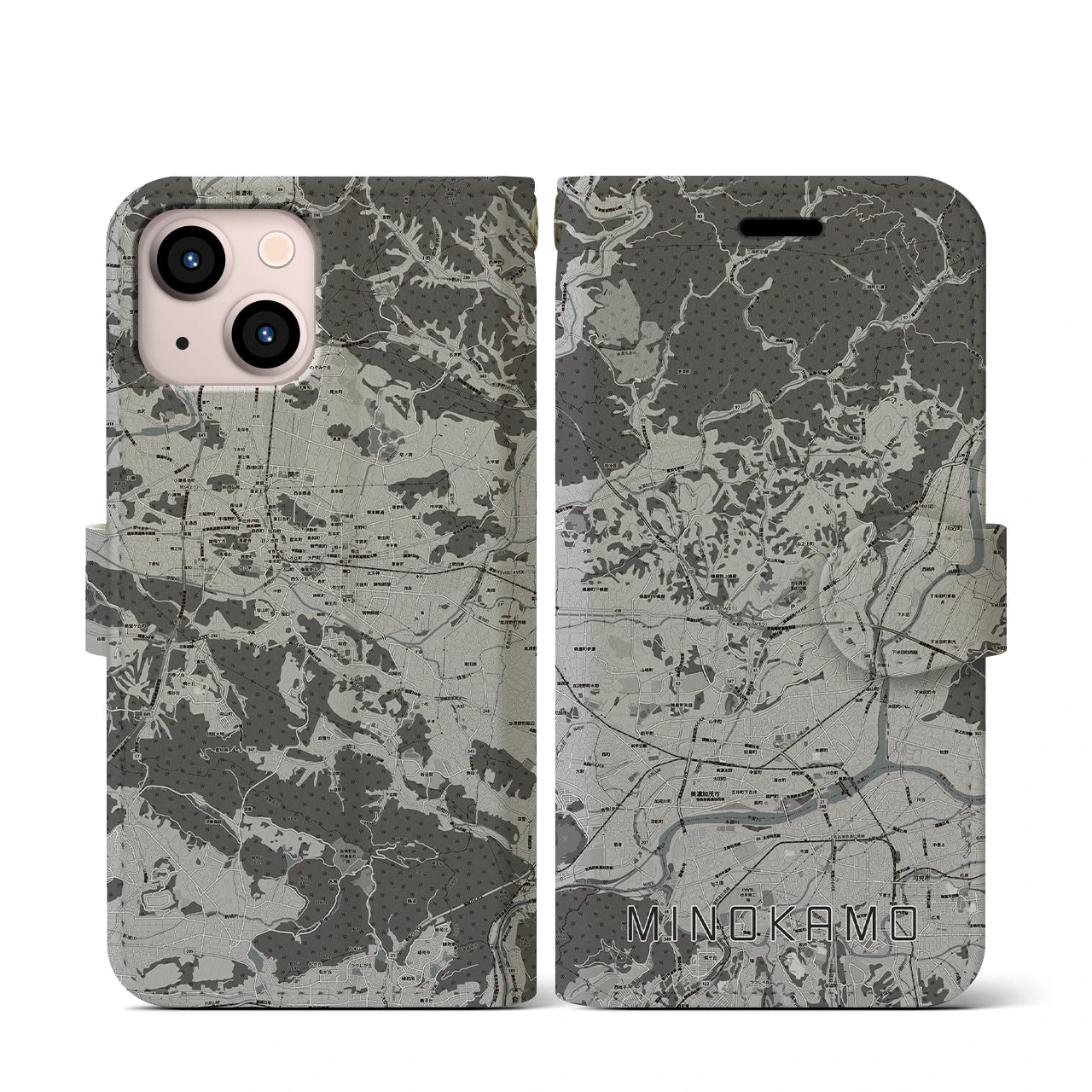 【美濃加茂(岐阜県)】地図柄iPhoneケース(手帳タイプ)モノトーン・iPhone 13 mini 用