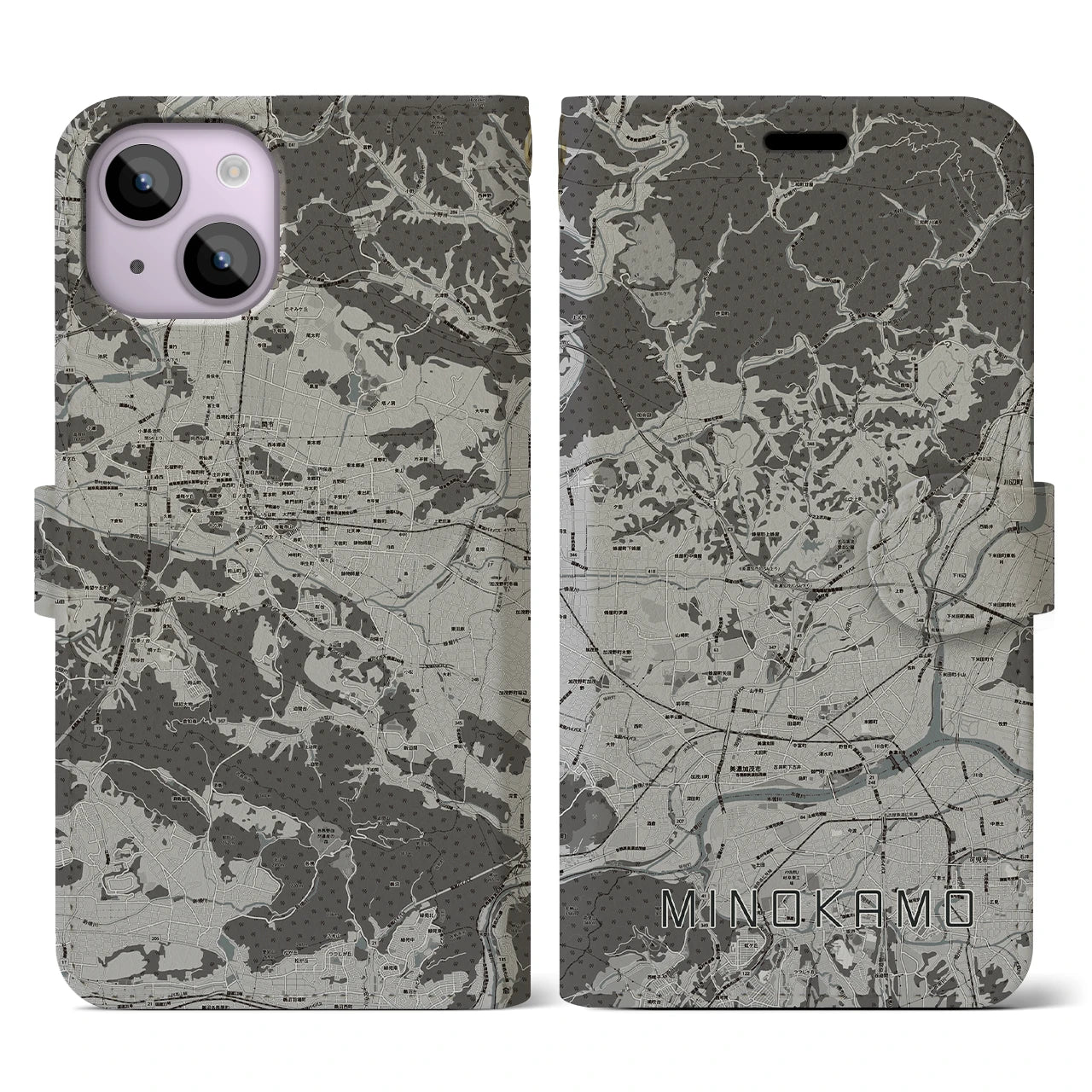 【美濃加茂(岐阜県)】地図柄iPhoneケース(手帳タイプ)モノトーン・iPhone 14 用