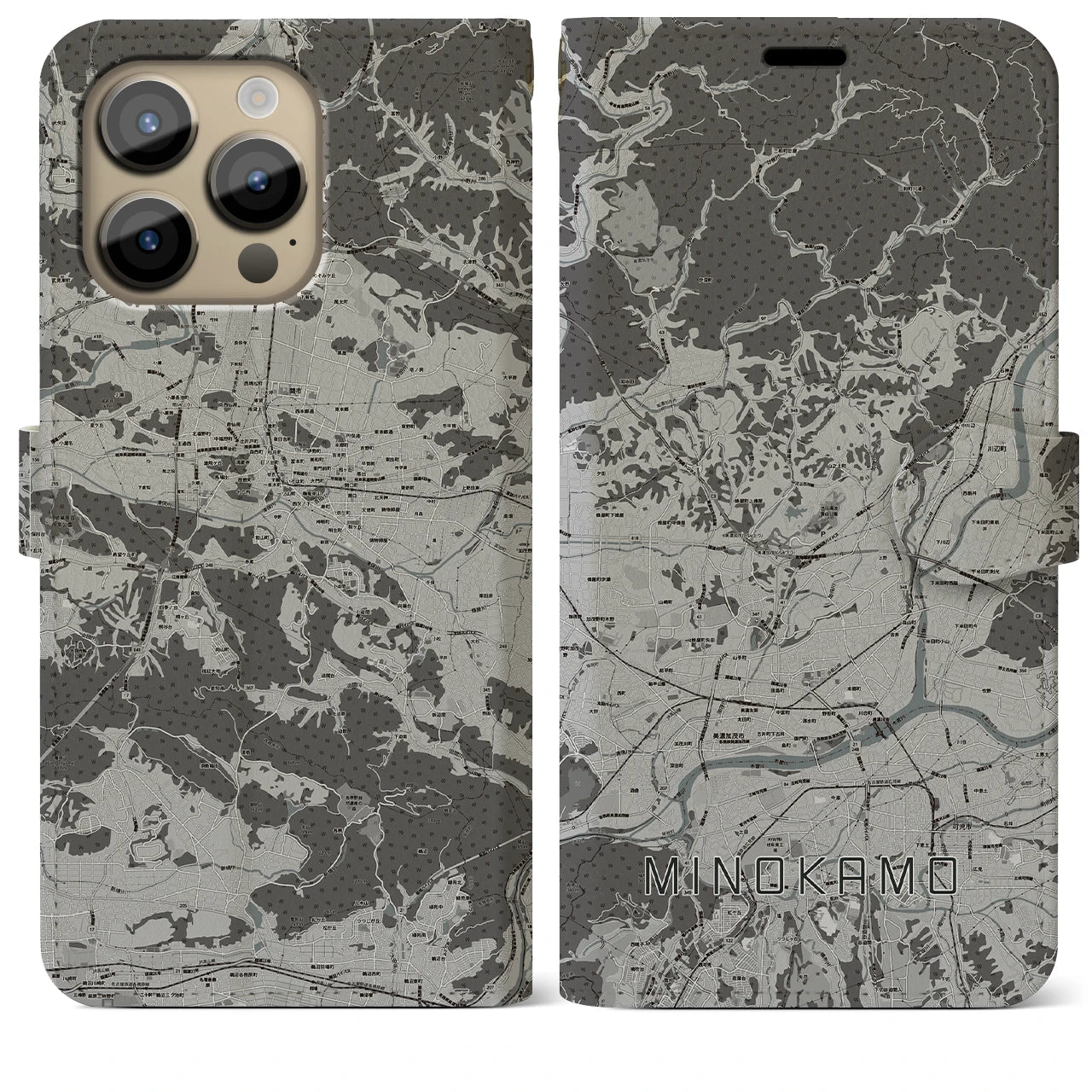 【美濃加茂(岐阜県)】地図柄iPhoneケース(手帳タイプ)モノトーン・iPhone 14 Pro Max 用