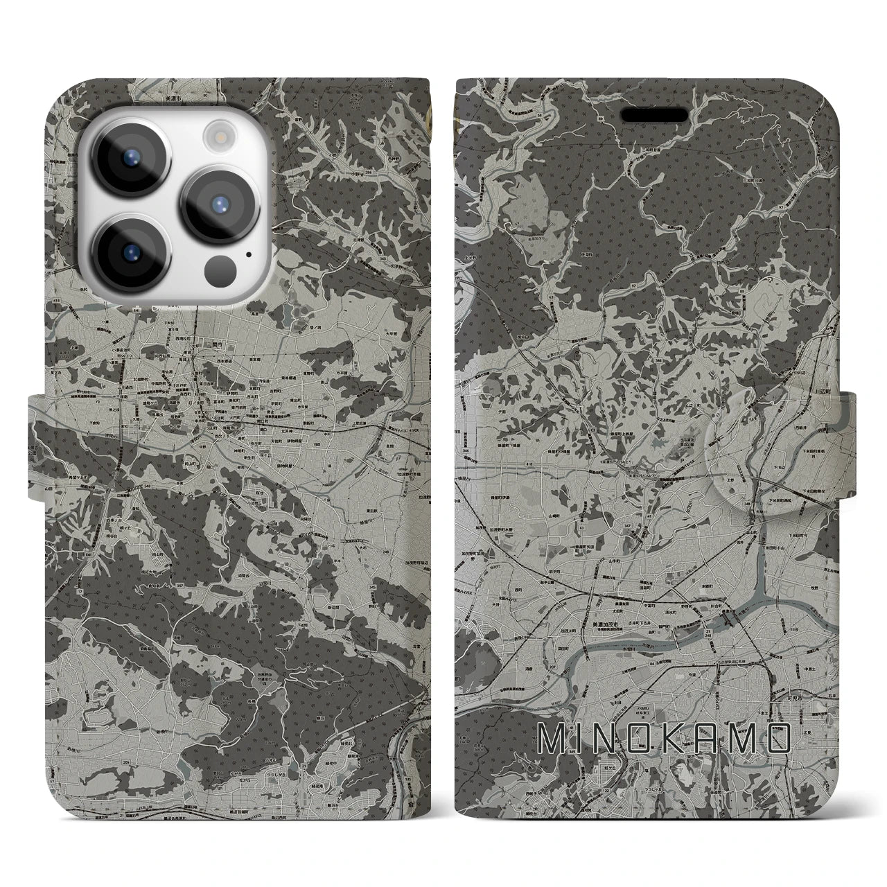 【美濃加茂(岐阜県)】地図柄iPhoneケース(手帳タイプ)モノトーン・iPhone 14 Pro 用