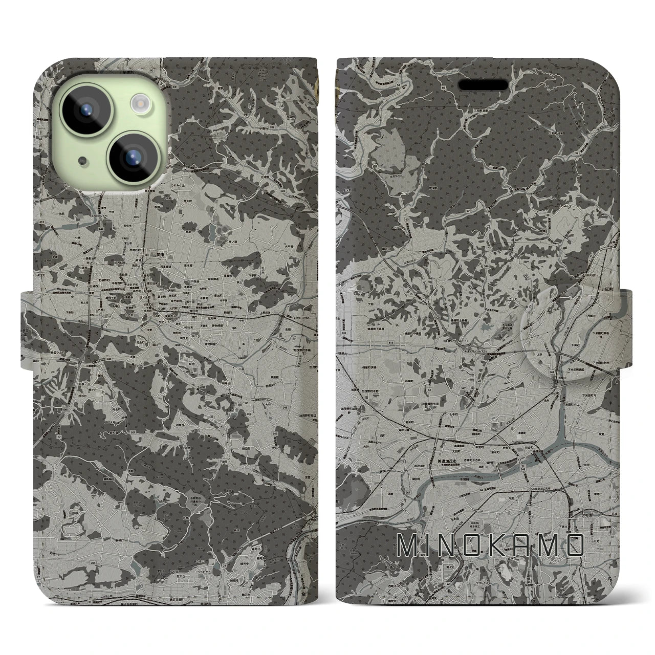 【美濃加茂(岐阜県)】地図柄iPhoneケース(手帳タイプ)モノトーン・iPhone 15 用