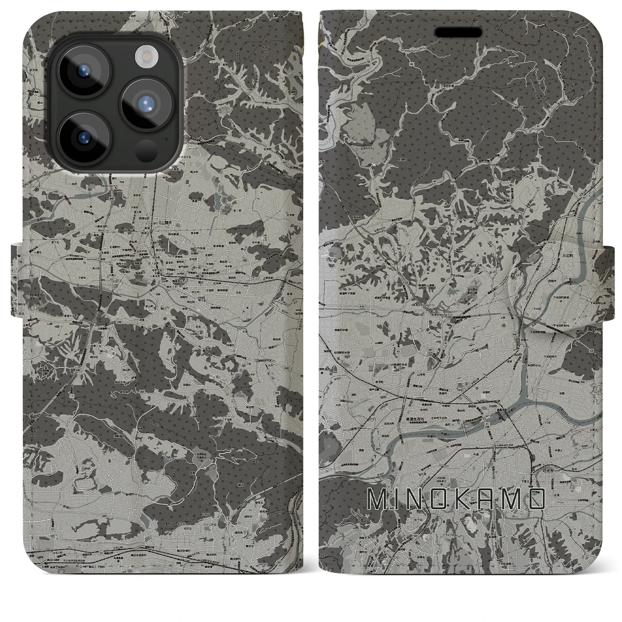 【美濃加茂(岐阜県)】地図柄iPhoneケース(手帳タイプ)モノトーン・iPhone 15 Pro Max 用