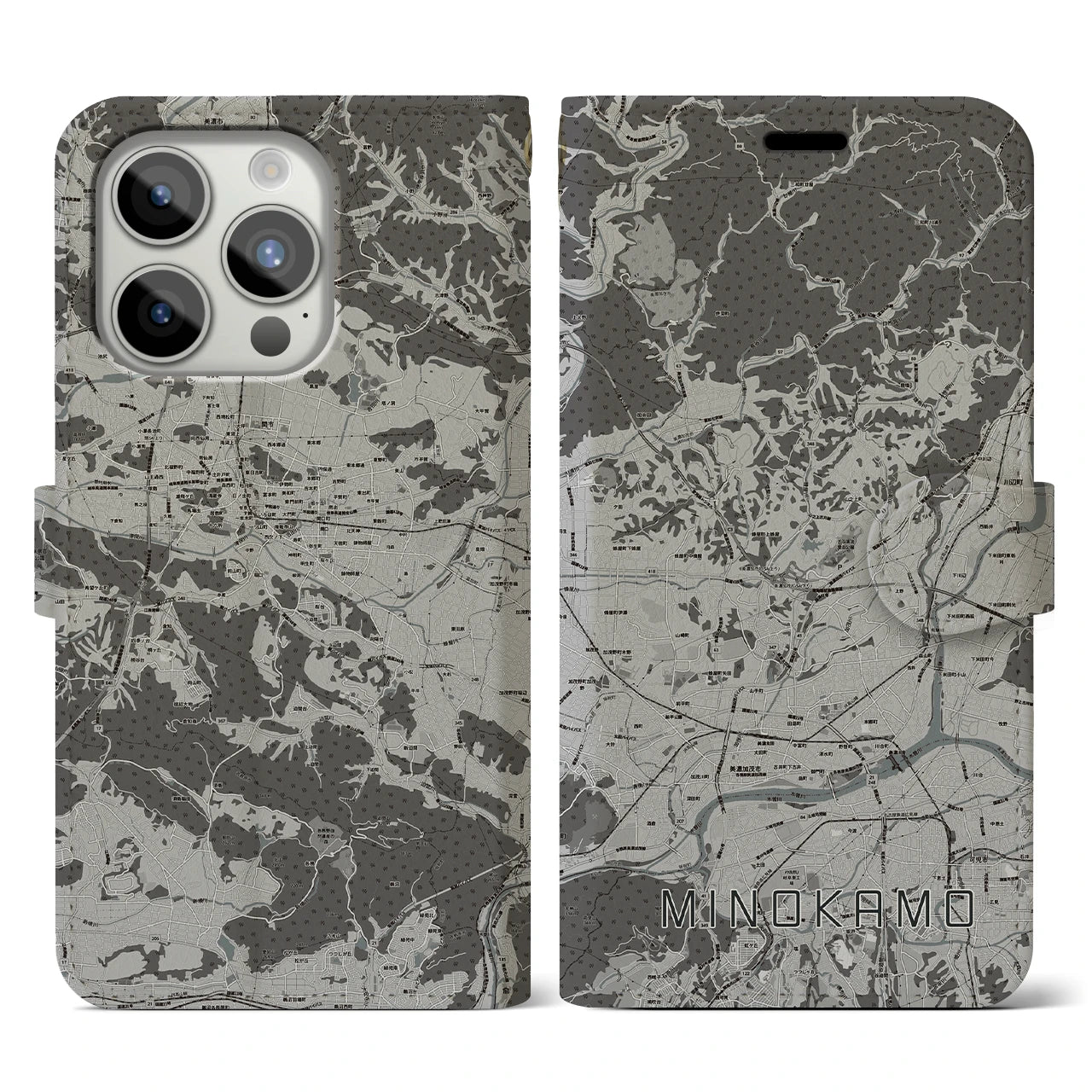 【美濃加茂(岐阜県)】地図柄iPhoneケース(手帳タイプ)モノトーン・iPhone 15 Pro 用