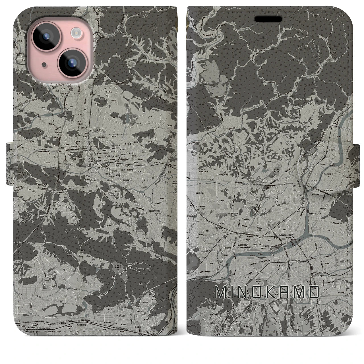 【美濃加茂(岐阜県)】地図柄iPhoneケース(手帳タイプ)モノトーン・iPhone 15 Plus 用