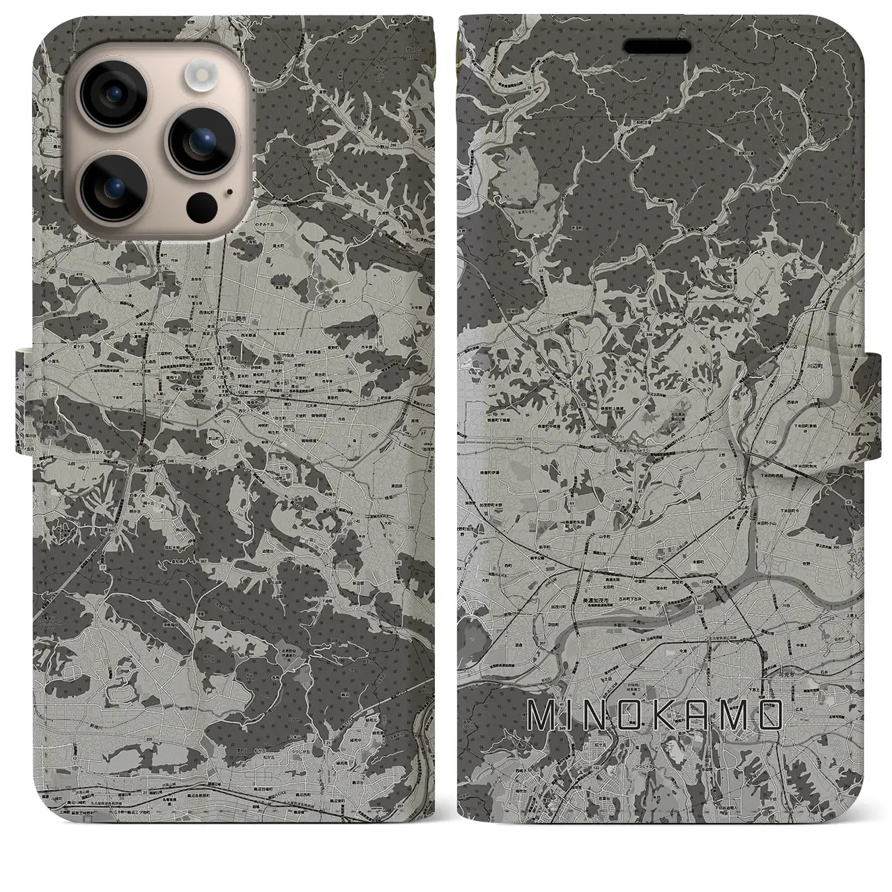 【美濃加茂(岐阜県)】地図柄iPhoneケース(手帳タイプ)モノトーン・iPhone 16 Plus 用