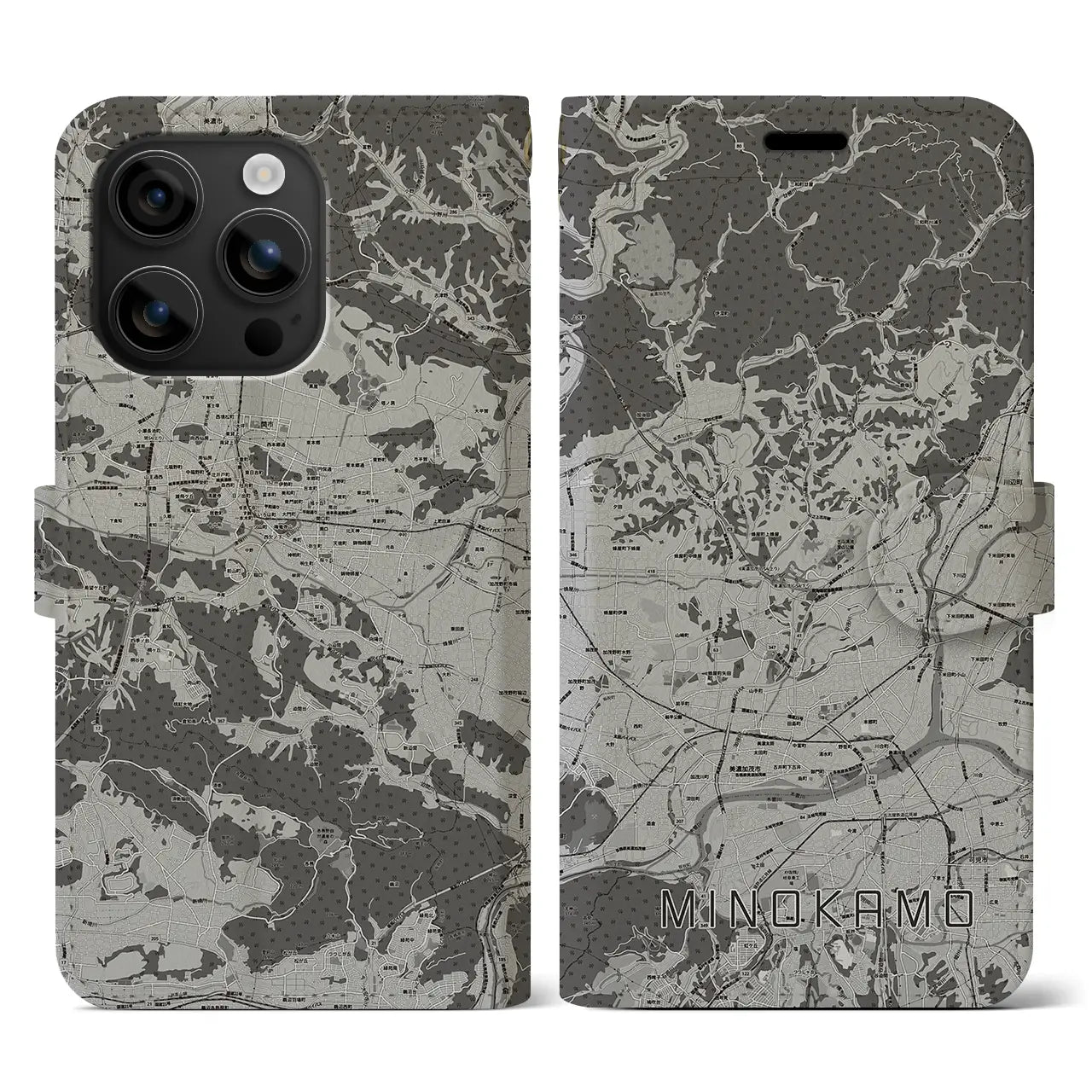 【美濃加茂(岐阜県)】地図柄iPhoneケース(手帳タイプ)モノトーン・iPhone 16 用