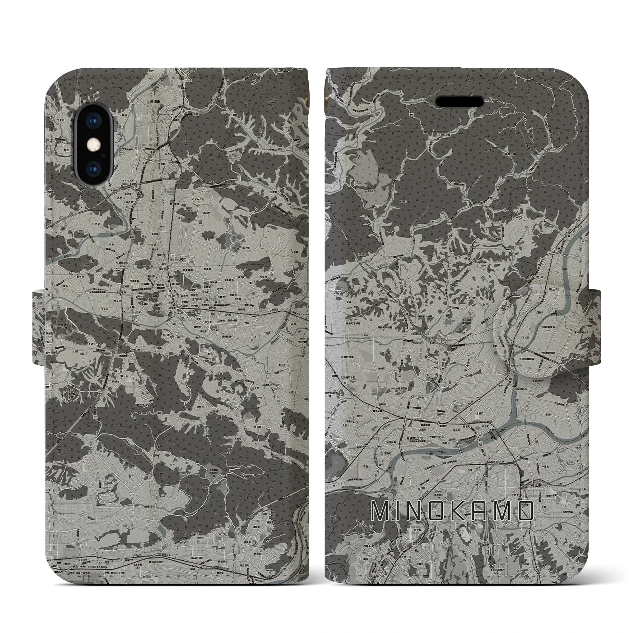 【美濃加茂(岐阜県)】地図柄iPhoneケース(手帳タイプ)モノトーン・iPhone XS / X 用