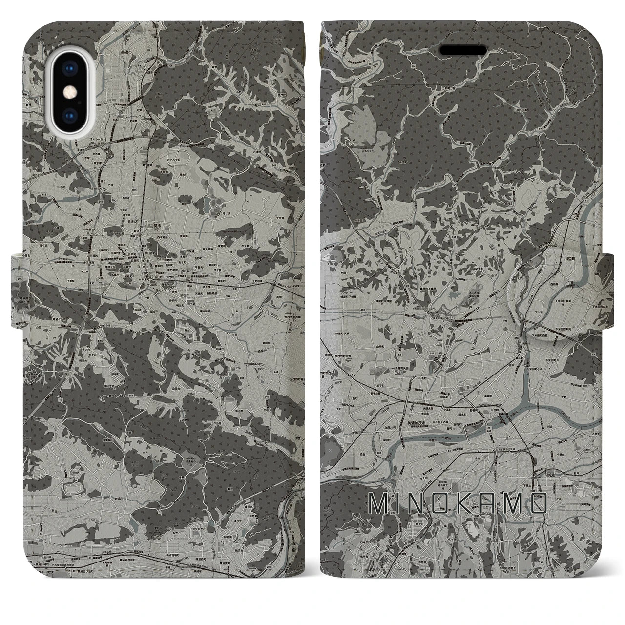 【美濃加茂(岐阜県)】地図柄iPhoneケース(手帳タイプ)モノトーン・iPhone XS Max 用