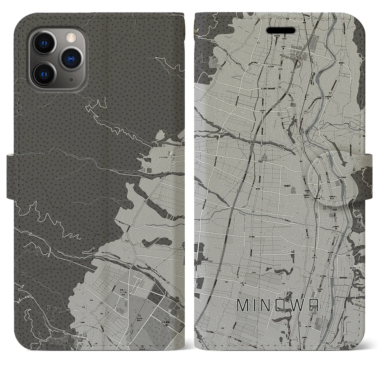 【箕輪(長野県)】地図柄iPhoneケース(手帳タイプ)モノトーン・iPhone 11 Pro Max 用