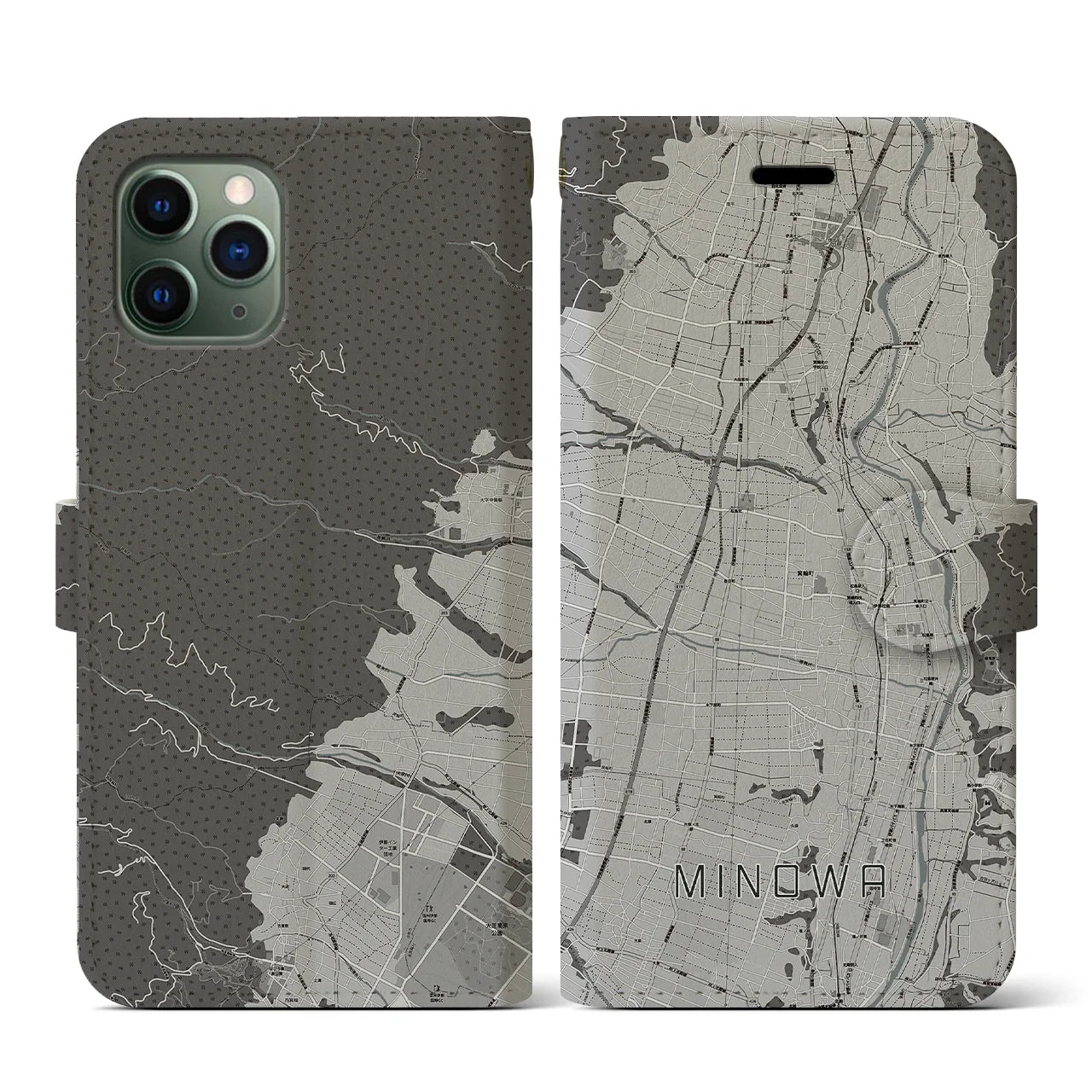 【箕輪(長野県)】地図柄iPhoneケース(手帳タイプ)モノトーン・iPhone 11 Pro 用