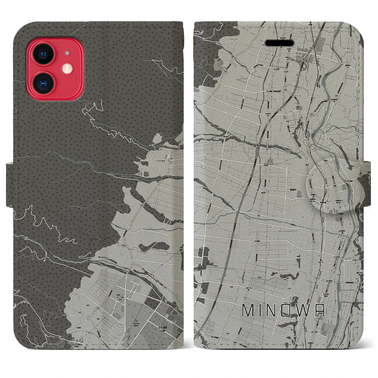 【箕輪(長野県)】地図柄iPhoneケース(手帳タイプ)モノトーン・iPhone 11 用