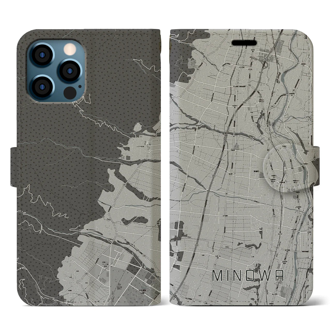 【箕輪(長野県)】地図柄iPhoneケース(手帳タイプ)モノトーン・iPhone 12 / 12 Pro 用