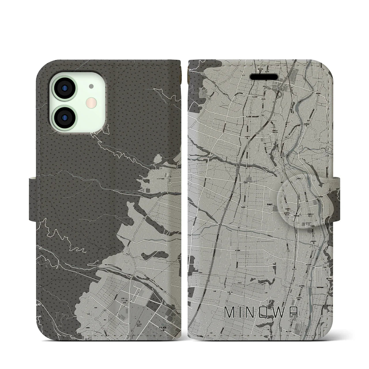 【箕輪(長野県)】地図柄iPhoneケース(手帳タイプ)モノトーン・iPhone 12 mini 用