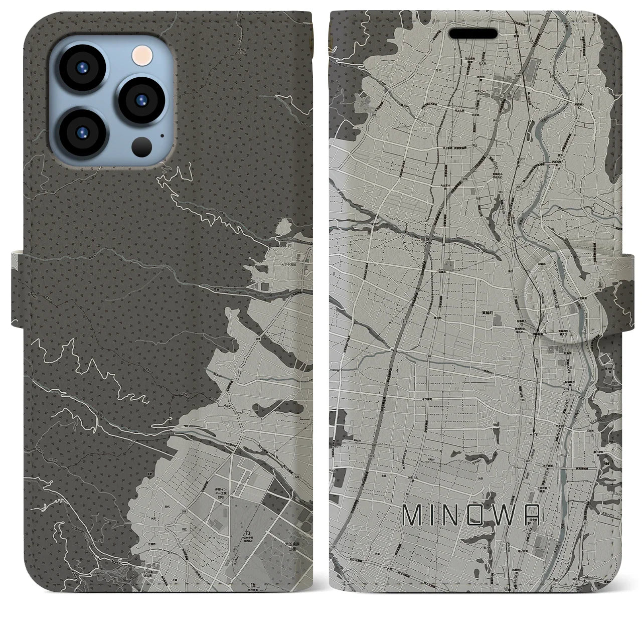 【箕輪(長野県)】地図柄iPhoneケース(手帳タイプ)モノトーン・iPhone 13 Pro Max 用