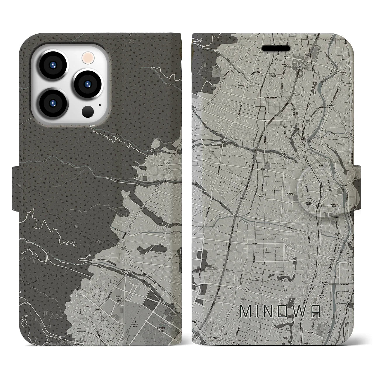 【箕輪(長野県)】地図柄iPhoneケース(手帳タイプ)モノトーン・iPhone 13 Pro 用