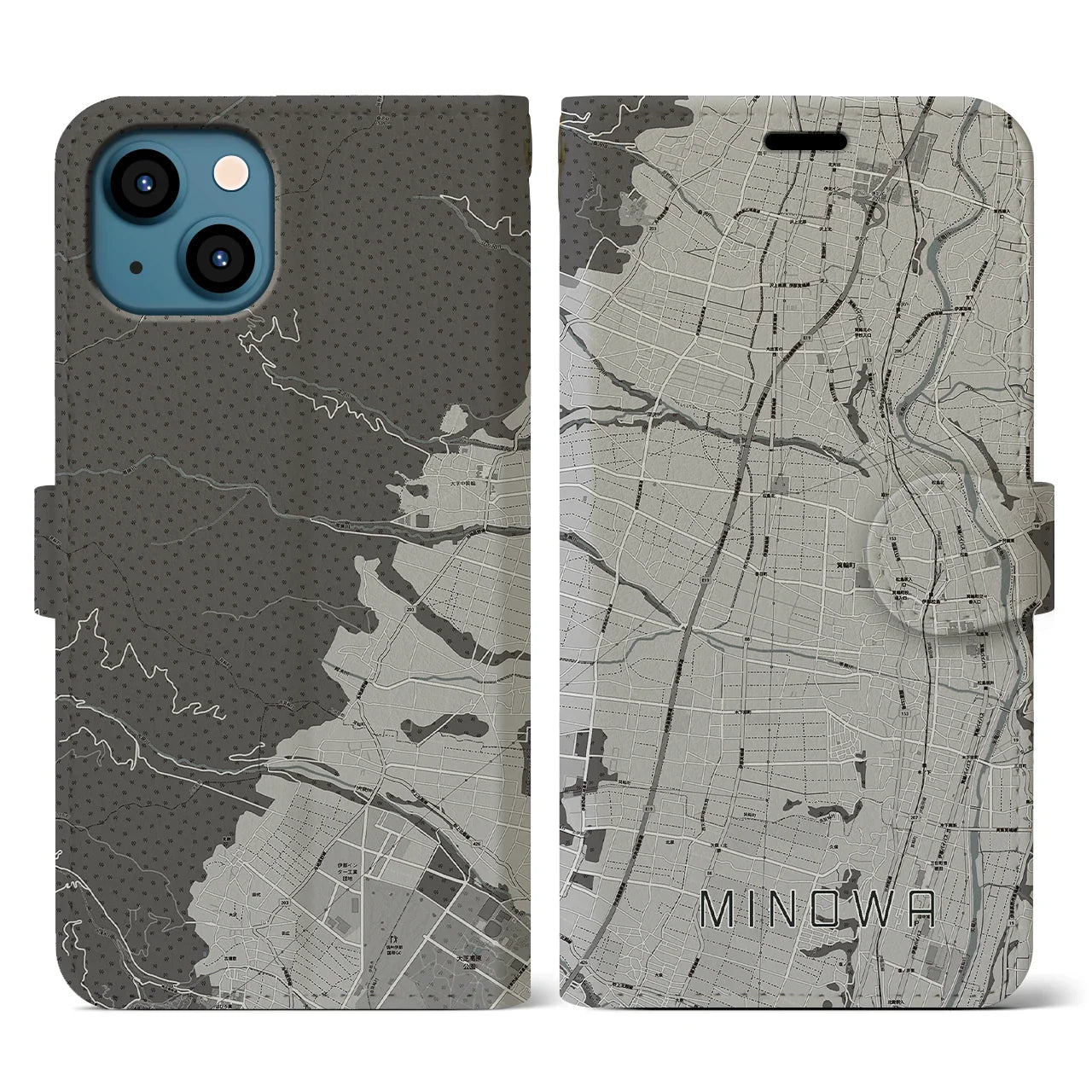 【箕輪(長野県)】地図柄iPhoneケース(手帳タイプ)モノトーン・iPhone 13 用