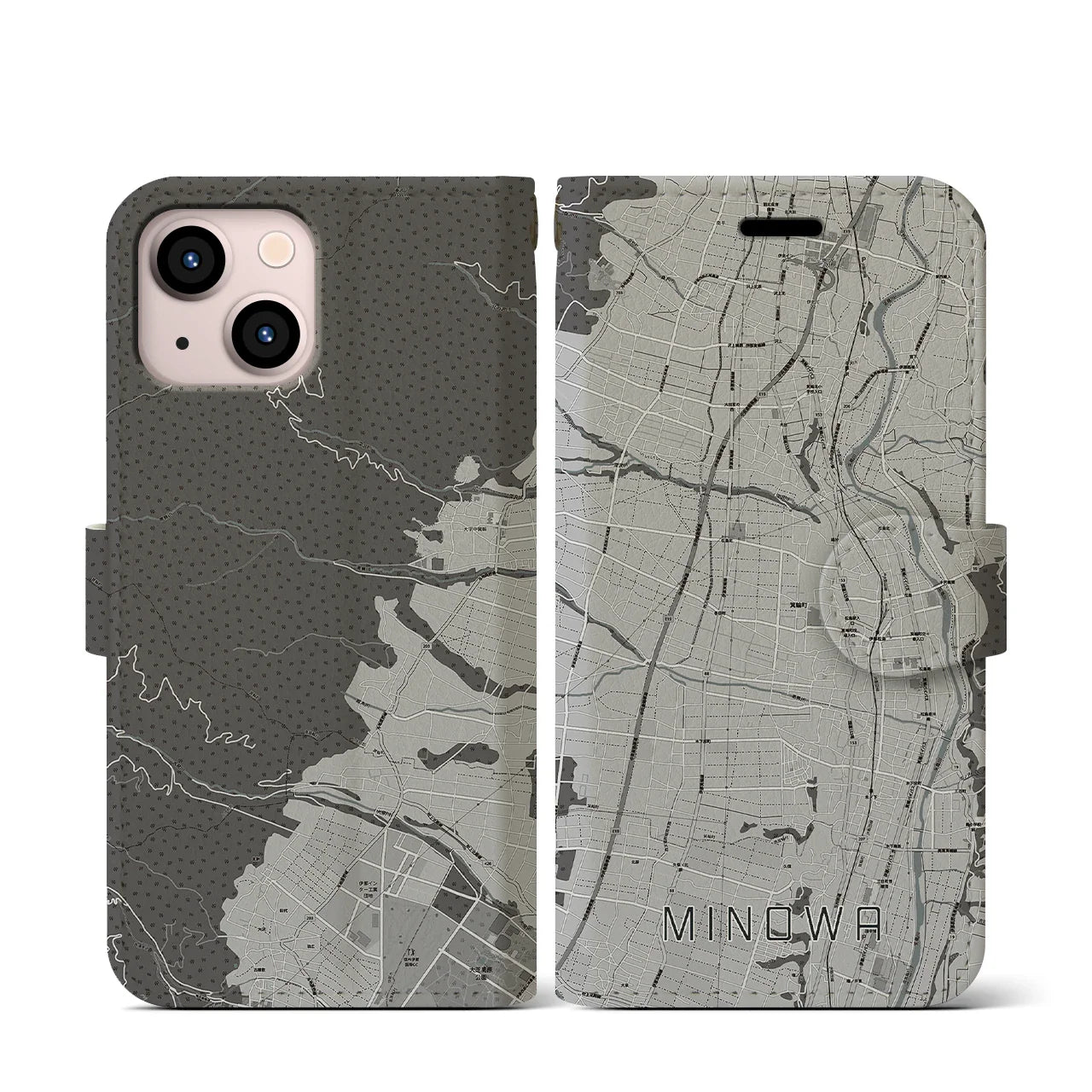 【箕輪(長野県)】地図柄iPhoneケース(手帳タイプ)モノトーン・iPhone 13 mini 用