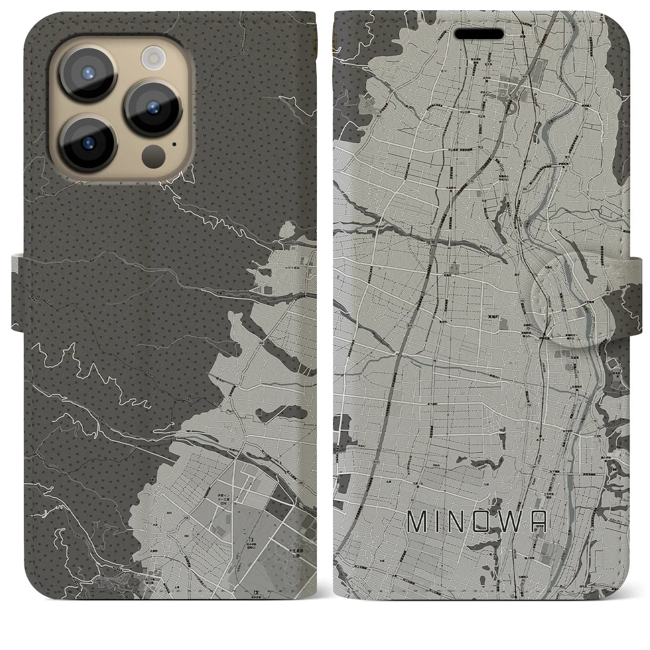 【箕輪(長野県)】地図柄iPhoneケース(手帳タイプ)モノトーン・iPhone 14 Pro Max 用