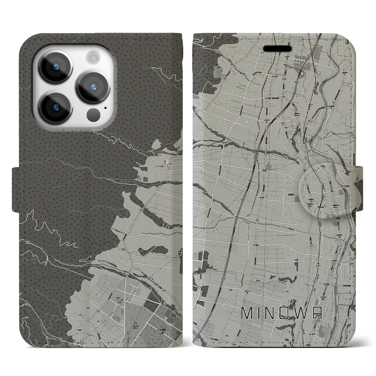 【箕輪(長野県)】地図柄iPhoneケース(手帳タイプ)モノトーン・iPhone 14 Pro 用