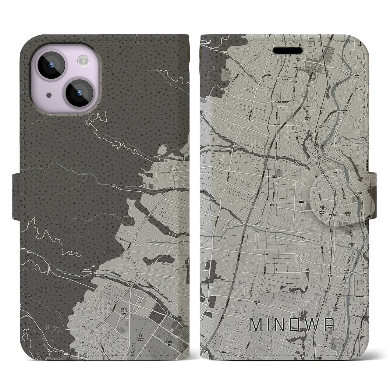 【箕輪(長野県)】地図柄iPhoneケース(手帳タイプ)モノトーン・iPhone 14 用