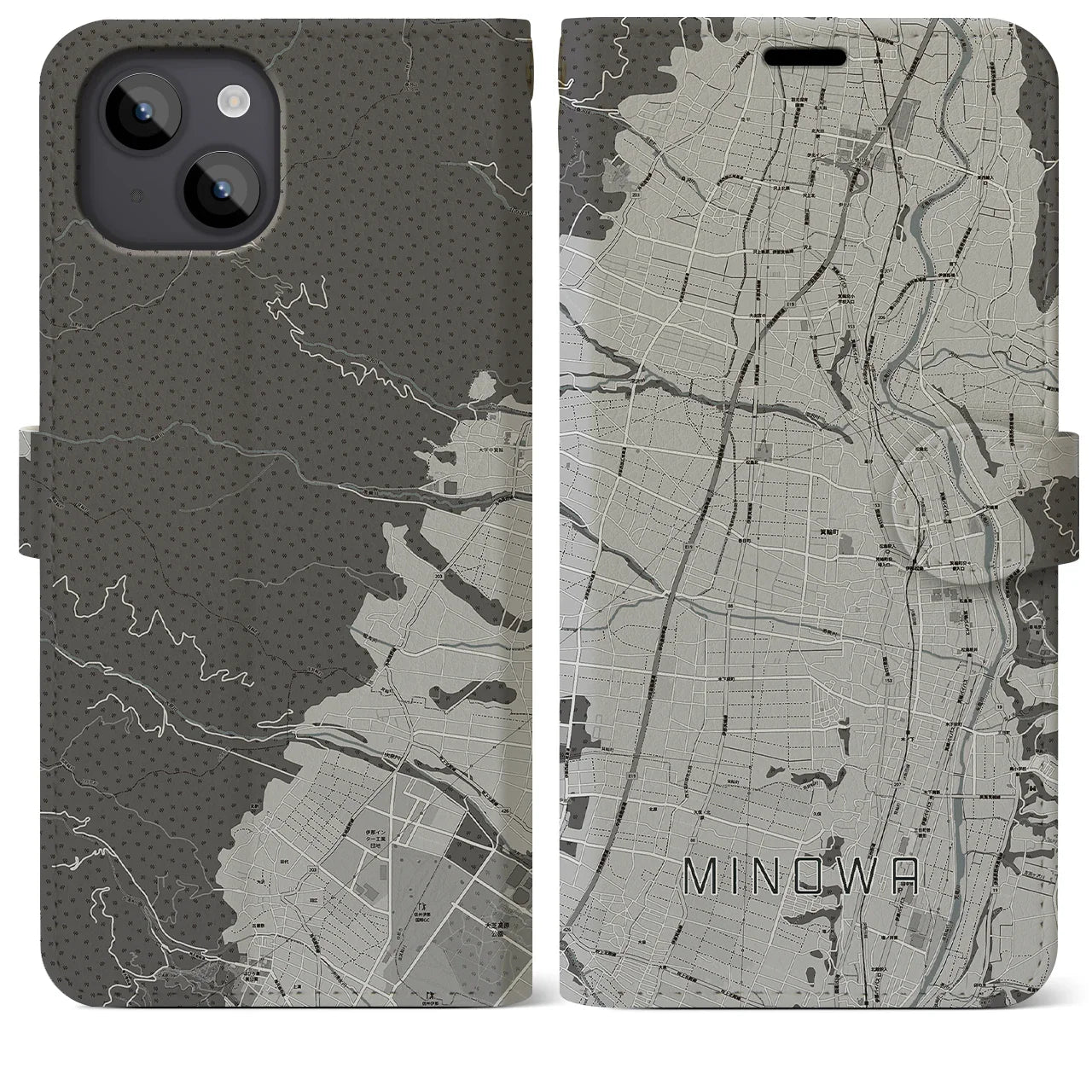 【箕輪(長野県)】地図柄iPhoneケース(手帳タイプ)モノトーン・iPhone 14 Plus 用
