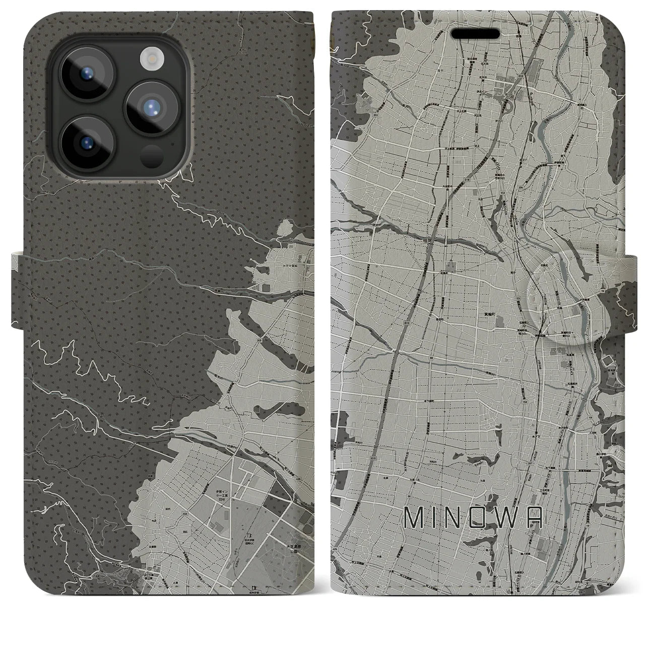 【箕輪(長野県)】地図柄iPhoneケース(手帳タイプ)モノトーン・iPhone 15 Pro Max 用