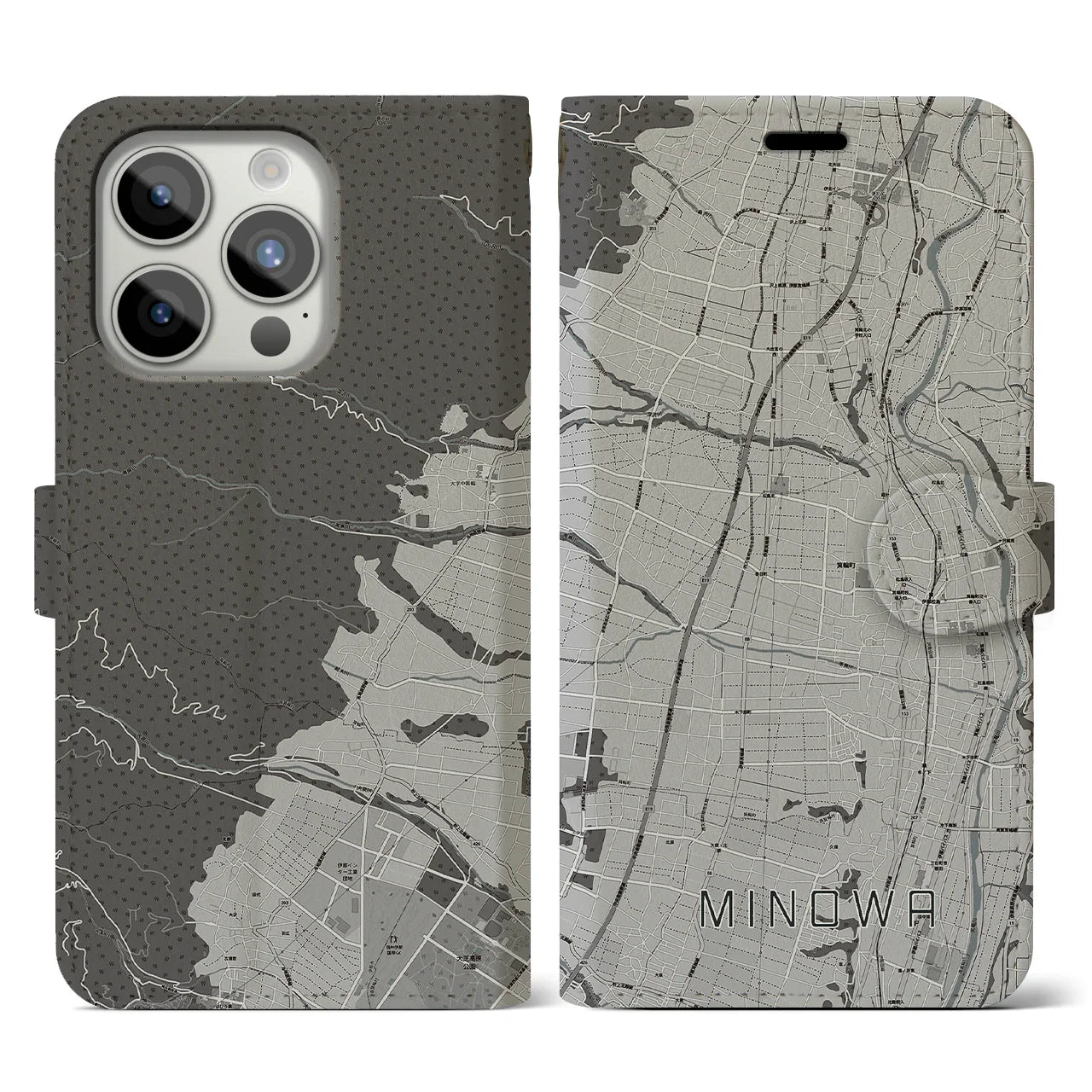 【箕輪(長野県)】地図柄iPhoneケース(手帳タイプ)モノトーン・iPhone 15 Pro 用