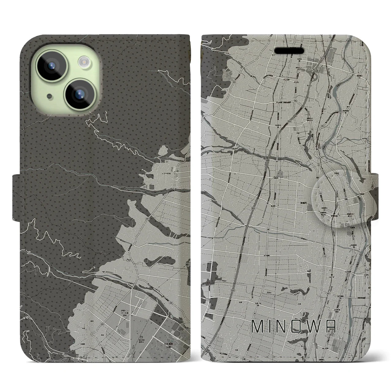 【箕輪(長野県)】地図柄iPhoneケース(手帳タイプ)モノトーン・iPhone 15 用