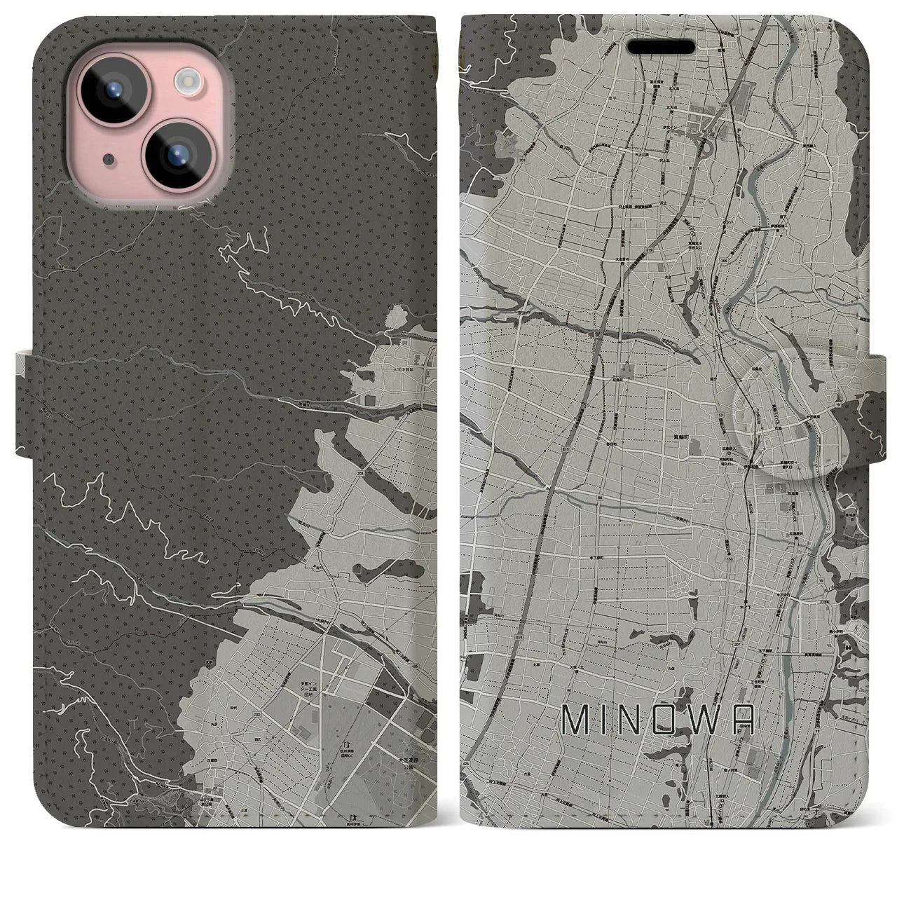 【箕輪(長野県)】地図柄iPhoneケース(手帳タイプ)モノトーン・iPhone 15 Plus 用