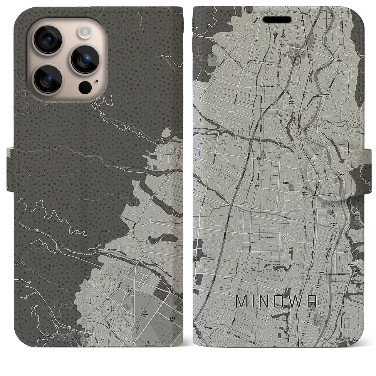 【箕輪(長野県)】地図柄iPhoneケース(手帳タイプ)モノトーン・iPhone 16 Plus 用